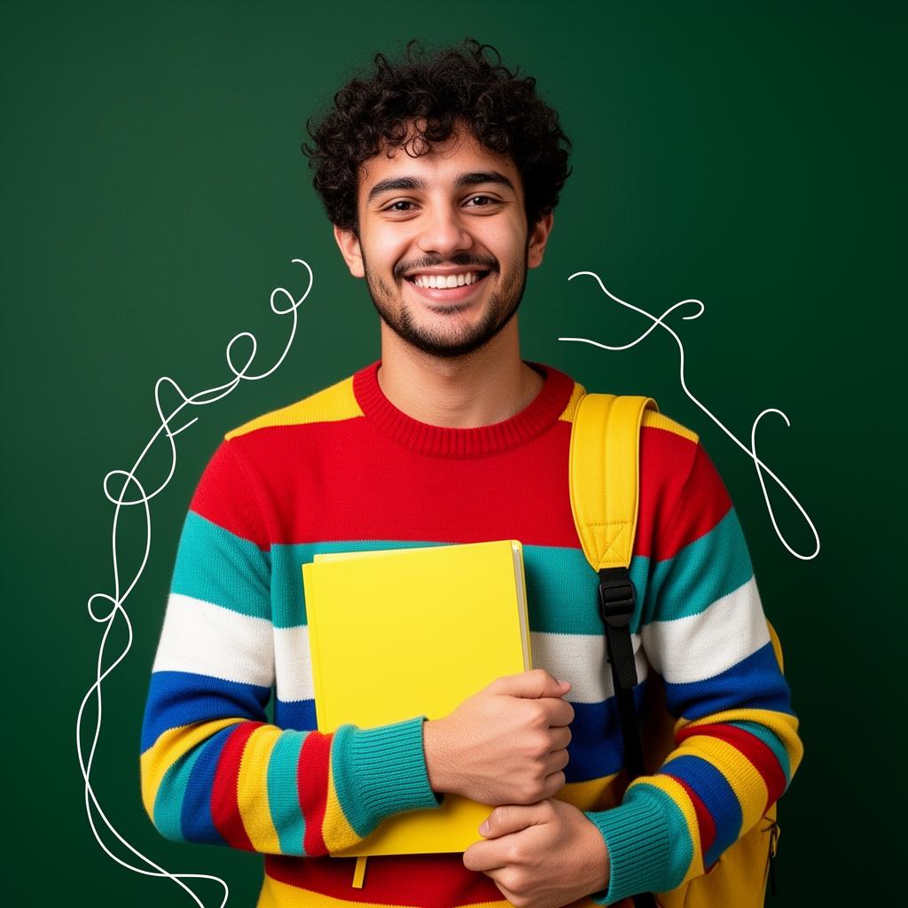 Smiling student with colorful sweater holding notebook